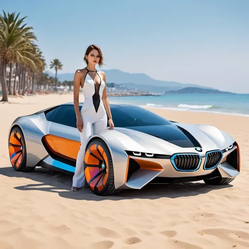 Prompt: Futuristic, BMW 2050 concept car on the beach, airless tires, beautiful girl model, sunny, highres, ultra-detailed, futuristic, stylish, vibrant colors, sleek design, detailed features, elegant beach setting, modern technology, fashion model, professional photography, luxury car, beach lifestyle, sunny weather, coastal setting, fashionable, luxurious, beach, car, modern, technology, professional, elegant, vibrant, detailed, high-quality, modern fashion, elegant design, futuristic car, sunny beach, airless tires, beautiful model