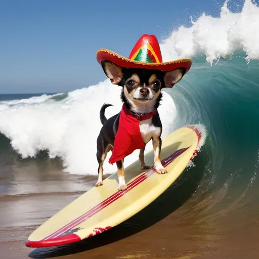 Prompt: Little Chihuahua dog surfing on thr biggest wave with mexican hat
