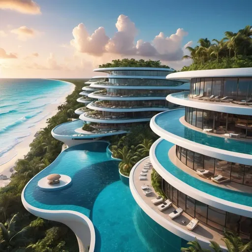 Prompt: Futuristic hotel in Riviera Maya, sleek architecture with organic curves, luxurious infinity pool overlooking the ocean, lush tropical gardens, high-tech amenities, ultra-modern interior design, crystal-clear turquoise waters, golden sandy beach, vibrant sunset, high quality, 4k, ultra-detailed, futuristic, luxurious, organic architecture, tropical paradise, crystal-clear waters, modern interior design, lush gardens, infinity pool, vibrant sunset, high-tech amenities