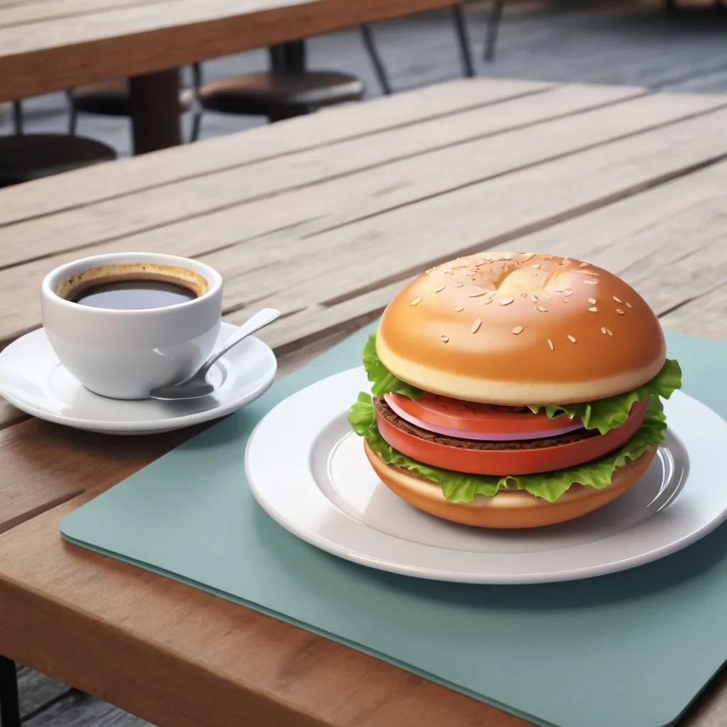 Prompt: hamburger, plate, table, cafe, juicy, delicious, realistic