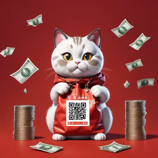 Prompt: a cat with a bag of money in front of a red background with a qr code for the cat, Ding Yunpeng, art & language, for aaa game, a screenshot