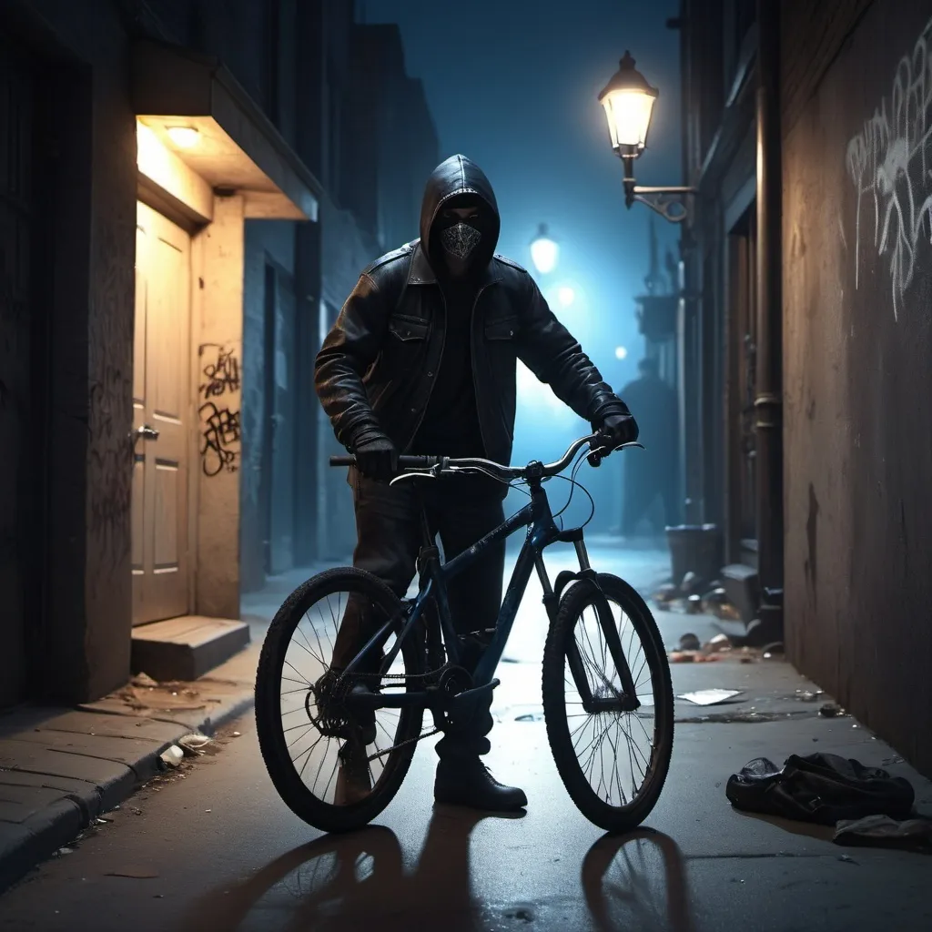 Prompt: a masked thief stealing a bike