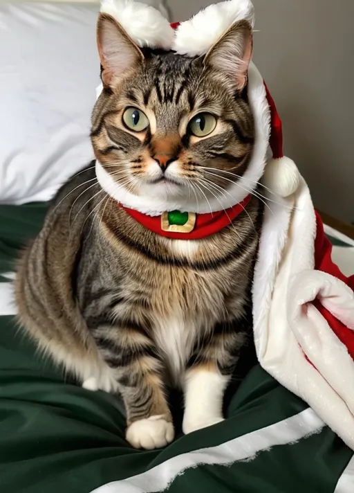 Prompt: a cat sitting on a bed with a Christmas tree on it's back. The cat has a Santa hat on its head and a scarf with a bell on its neck.