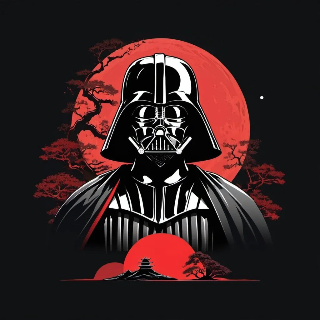 Prompt: Silhouette Darth Vader vector for design t-shirt concept. Samurai with red moon t-shirt design. Samurai Vector Illustration.