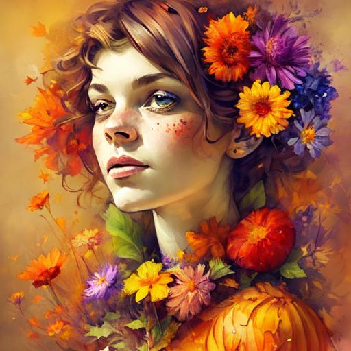 Prompt: a fairy of autumn , ,wildflowers, vivid colors,  facial closeup