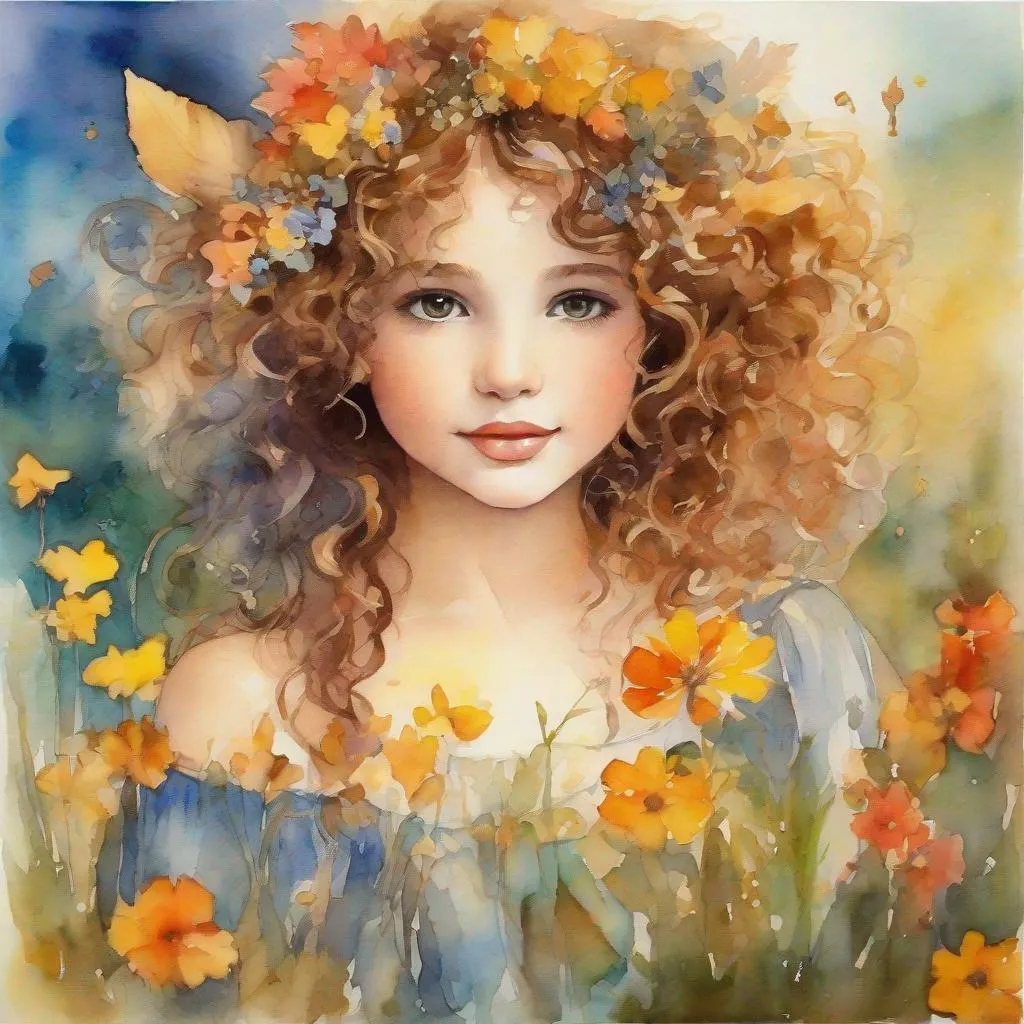 Prompt: a young fairy of spring, very curly hair, brown glow on cheeks, wildflowers, vivid colors, closeup autumn water color