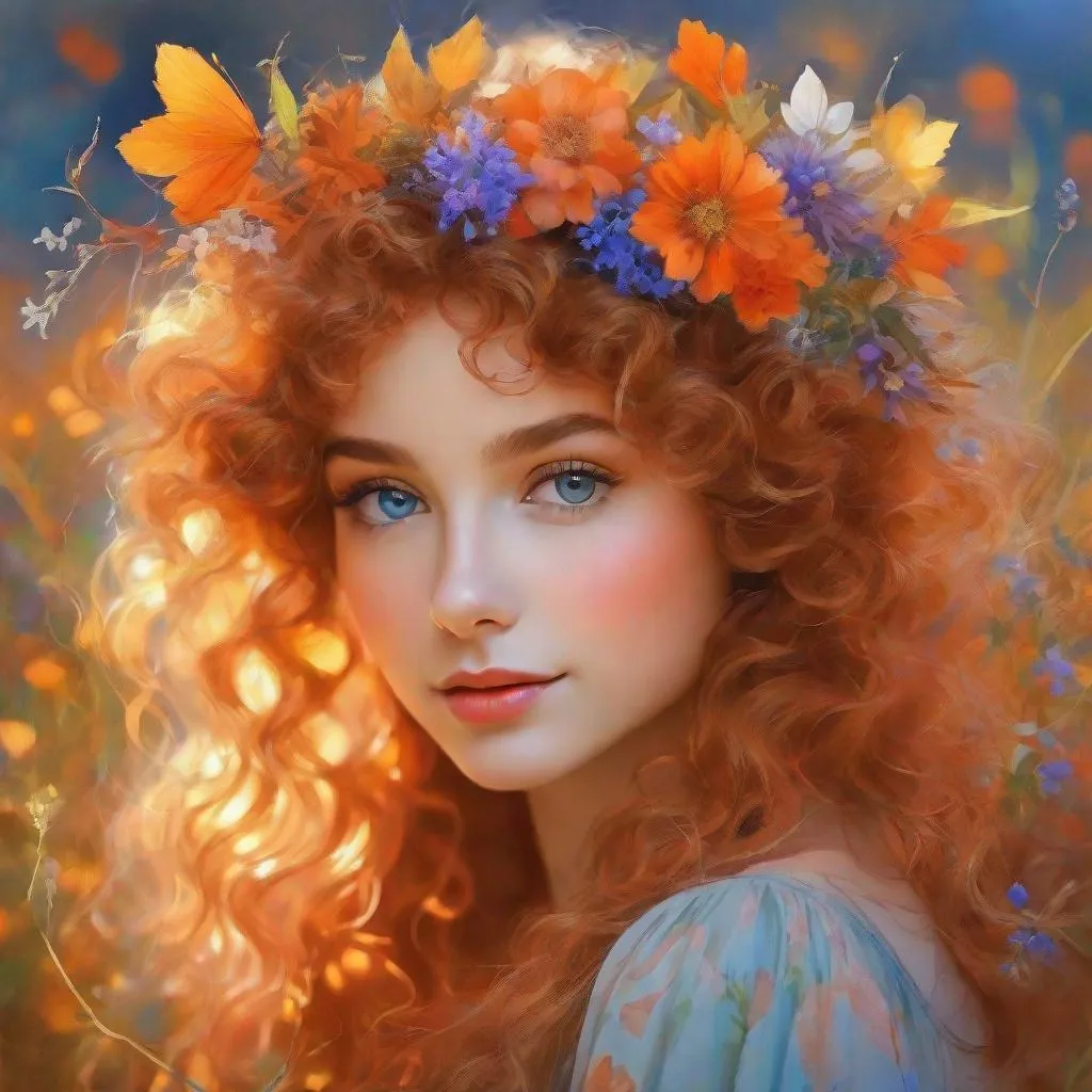 Prompt: a young fairy of spring, very curly hair, orange glow on cheeks, wildflowers, vivid colors, closeup autumn 