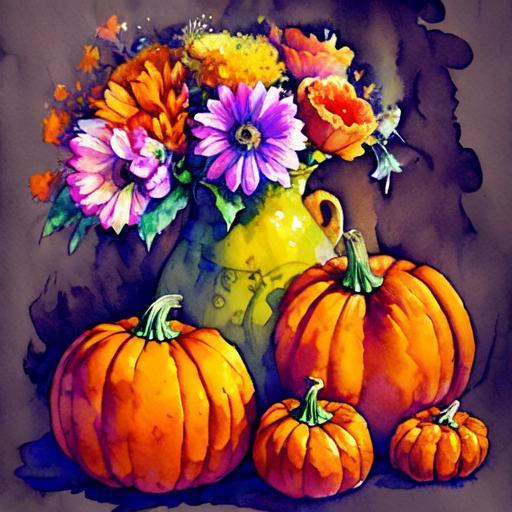 Prompt: a fairy of pumpkins , ,wildflowers, vivid colors,  facial closeup , water colour 