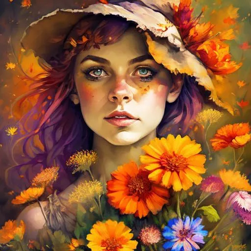 Prompt: a fairy of autumn , ,wildflowers, vivid colors,  facial closeup