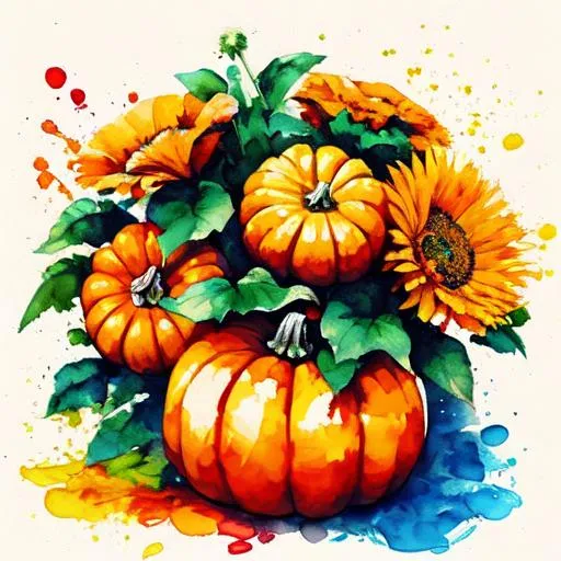 Prompt: pumpkins , ,wildflowers, vivid colors,  facial closeup , water colour 