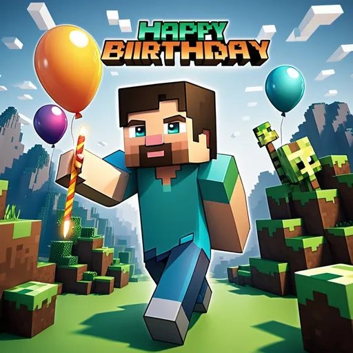 Prompt: Great and image that background has like Minecraft and text Happy Birthday Aryan