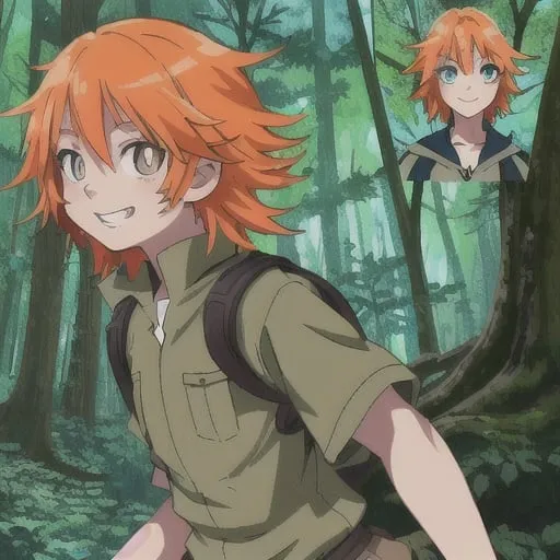 Prompt: Anime illustration of Riley Thompson exploring the woods, mischievous grin, bright eyes, spirited tomboy, outdoor adventure, natural colors, detailed hair and facial expressions, high quality, anime, outdoor, spirited, detailed eyes, vibrant colors, adventurous, energetic lighting