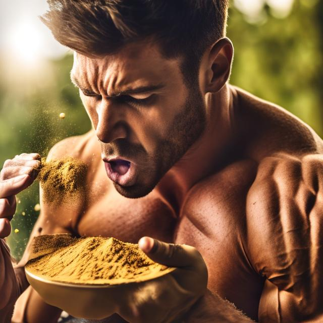 Prompt: man with big muscles eating brown powder