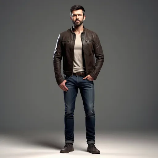 Prompt: “A full-body image of a male character standing confidently, realistic proportions, age around 30, athletic build, wearing modern casual clothing (dark jeans, fitted t-shirt, leather jacket), short dark hair, stubble beard, intense gaze. He stands in a neutral pose against a simple, clean background. The image is well-lit, highly detailed, and realistic, suitable for character concept art in a modern action-drama setting. Front view, full body, feet visible, high resolution.”