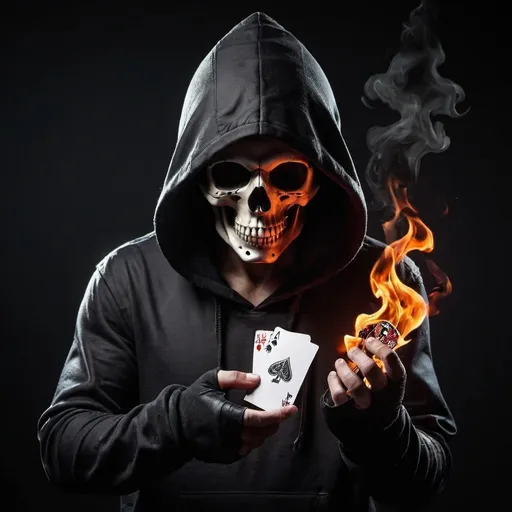 Prompt: hooded skull with a fiery poker ace in his hand