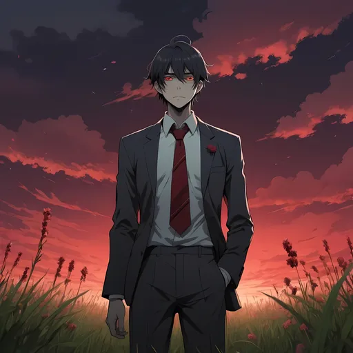Prompt: 2d dark j horror anime another style, a man wearing a tie standing in a field of grass and flowers with a red cloudy sky in the background, Abidin Dino, neo-romanticism, sky, a picture, anime scene