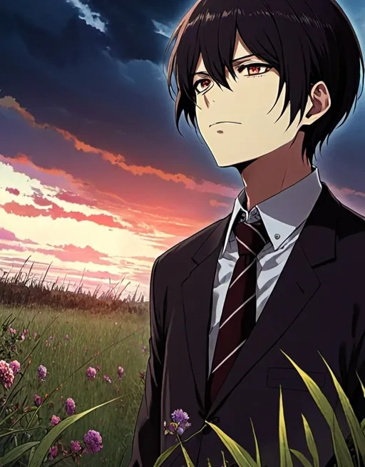 Prompt: 2d dark j horror anime another style, a man wearing a tie standing in a field of grass and flowers with a cloudy sky in the background, Abidin Dino, neo-romanticism, sky, a picture, anime scene