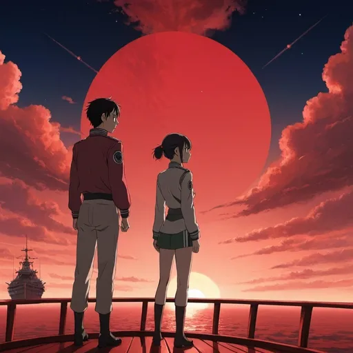 Prompt: a couple of people standing next to each other on a ship in the sky with a red sky behind them, Aya Goda, dau-al-set, key visual, poster art