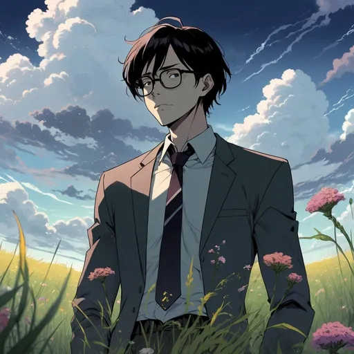 Prompt: 2d dark j horror anime style, a man wearing glasses and a tie standing in a field of grass and flowers with a cloudy sky in the background, Abidin Dino, neo-romanticism, sky, a picture, anime scene