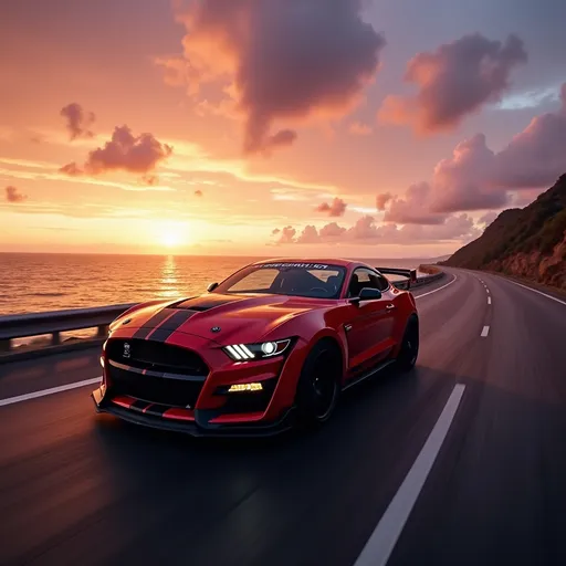 Prompt: 2016 Ford Shelby GT350R, speeding along a scenic coastal highway. Captivating sunset paints the sky with warm hues of orange and purple, reflecting on the shimmering ocean waters. Vibrant detailing on the car shows off its design. Ultra-detailed, high-quality visuals with a cinematic ambiance that captures the thrill of speed, Ultra Realistic, 4K.