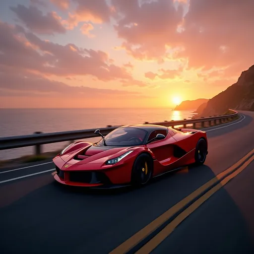 Prompt: Ferrari FXX-K (2015), speeding along a scenic coastal highway. Captivating sunset paints the sky with warm hues of orange and purple, reflecting on the shimmering ocean waters. Vibrant detailing on the car shows off its design. Ultra-detailed, high-quality visuals with a cinematic ambiance that captures the thrill of speed, Ultra Realistic, 4K.
