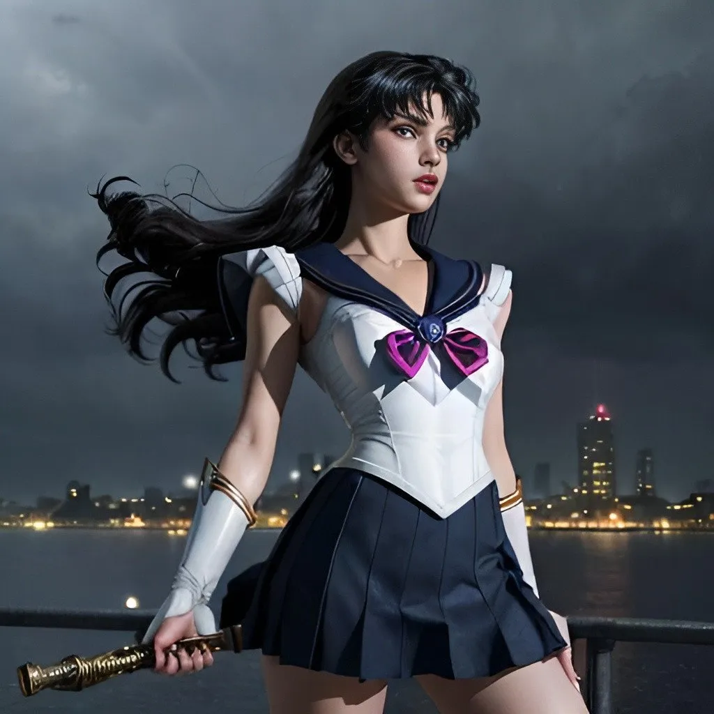 Prompt: Mid body Close up of sailor moon holding her wand, hand, part of her skirt, part of her thigh, looking away post battle, city destroyed in the background, overcast sky, light rain, high resolution, 4k,