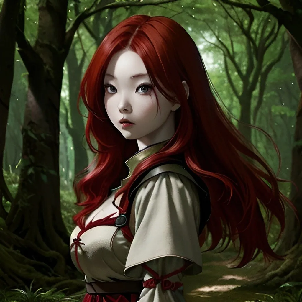 Prompt: asian red haired girl, medieval time warrior, in a forrest, high resolution, 4k, high detailed