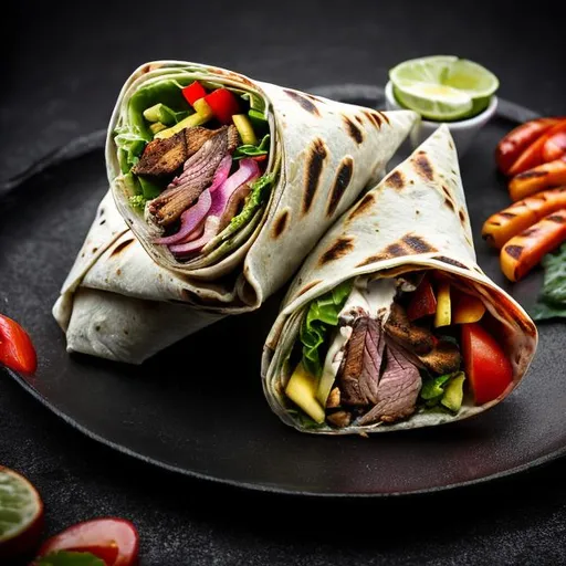 Prompt: Create a visually striking and highly realistic image of a shawarma wrap. The wrap should be tightly packed and perfectly grilled, showcasing a crispy exterior. . Pay meticulous attention to the details of the grilled meat, ensuring it looks succulent and appetizing.

Maintain a balance between high detail and simplicity to avoid overwhelming the composition. Ensure that the lighting accentuates the textures and colors of the shawarma wrap,
 generate the image realistic hyper focused, 8k