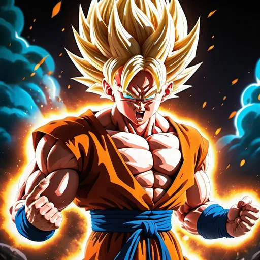 Prompt: High-quality Dragon Ball inspired digital illustration, anime style, vibrant colors, dynamic action scene, powerful energy blasts, iconic characters, detailed muscular anatomy, intense and dramatic lighting, epic battle, Saiyan warriors, energy auras, dynamic poses, ultra-detailed, anime, vibrant colors, powerful aura, intense lighting