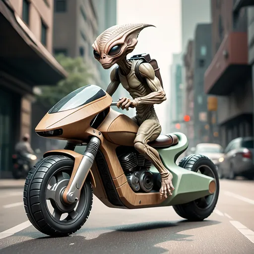 Prompt: A fantasy realism-style extraterrestrial being riding a futuristic flying motorcycle, captured turning a sharp corner in a moody city street. The alien has textured reptile-like skin with subtle, natural patterns, and the motorcycle is crafted from a blend of foam, wood, and worn leather, giving it an organic, handmade look. The color palette consists of muted earthy tones—deep browns, mossy greens, and dusty grays—with soft ambient lighting casting warm highlights on the surfaces. The scene feels grounded yet otherworldly