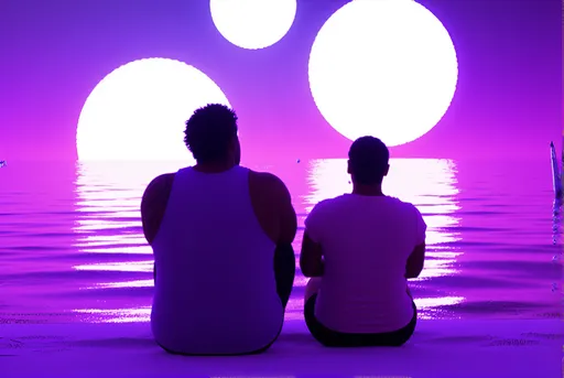 Prompt: @oagHs8QBKO9D0f03ssKB and @Zop7ZD2k60IXOpZCJyeQ are relaxing side by side on the soft, shimmering purple sands of an alien beach, gazing up at a sky dotted with several large, glowing moons. The horizon glows with otherworldly hues, casting gentle violet and blue reflections across the waves. Both characters are seated comfortably, their postures relaxed as they enjoy the tranquil atmosphere. In the distance, strange crystalline rock formations rise from the sand. The scene is captured from a wide angle, showing both characters in the foreground with the surreal landscape and multiple moons dominating the background. Soft, ambient lighting from the moons bathes the scene, creating a peaceful, dreamlike mood.