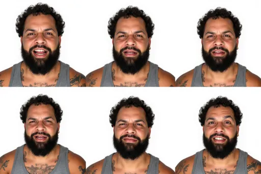 Prompt: photorealistic photography bearded male d6591dd6 with curly dark hair, full beard, nose ring, tattoos, gray tank top A composition featuring six different facial expressions of the character, from shoulders up, arranged in a grid pattern on a white background. The expressions include: Laughing: Wide smile, eyes crinkled, exuberant joy. Crying: Tears streaming, furrowed brows, open mouth. Angry: Furrowed brows, clenched teeth, intense gaze. Shy: Slight blush, eyes averted, small smile. Surprised: Raised eyebrows, wide eyes, open mouth. Scared: Wide eyes, open mouth, tense facial muscles. Character details remain consistent across all expressions with shoulders visible to frame the face. Each expression is clear and easily recognizable against the clean white background.