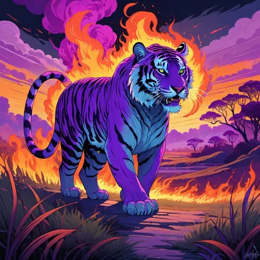 Prompt: 2d flat art, A fantasy purple tiger in a savannah surrounded by grass on fire, smoke rising into the air with flames visible in the background