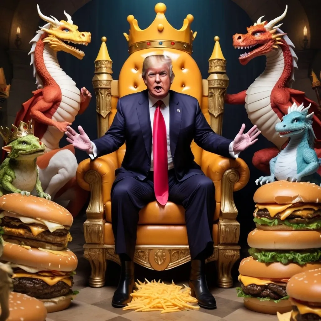 Prompt: Donald Trump as a king in a fairy tale kingdom, sitting on a throne made of cheeseburgers, with fairy tale characters like dragons and talking animals around him.