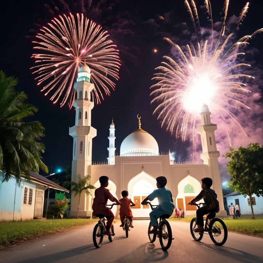 Prompt: malay kids in traditional clothing ride a bicycle to mosque with friends in the village playing fireworks at night before eid mubarak