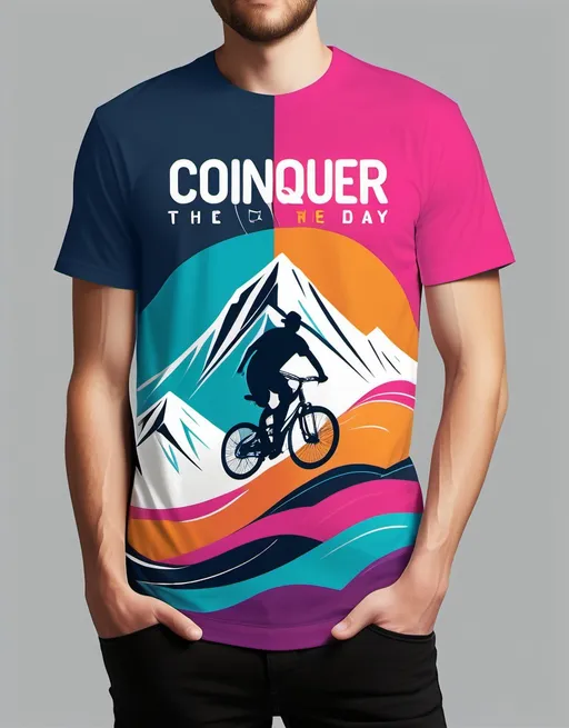 Prompt: Create a bold and eye-catching T-shirt design with a minimalist yet impactful style. Incorporate a central graphic element (e.g., a mountain, bike, or abstract wave), vibrant but harmonious colors, and a motivational phrase such as 'Conquer the Day.' Ensure the design feels modern, clean, and appeals to a youthful and adventurous audience. Leave ample space for the design to breathe, and focus on high contrast to make it stand out on dark and light-colored shirts.