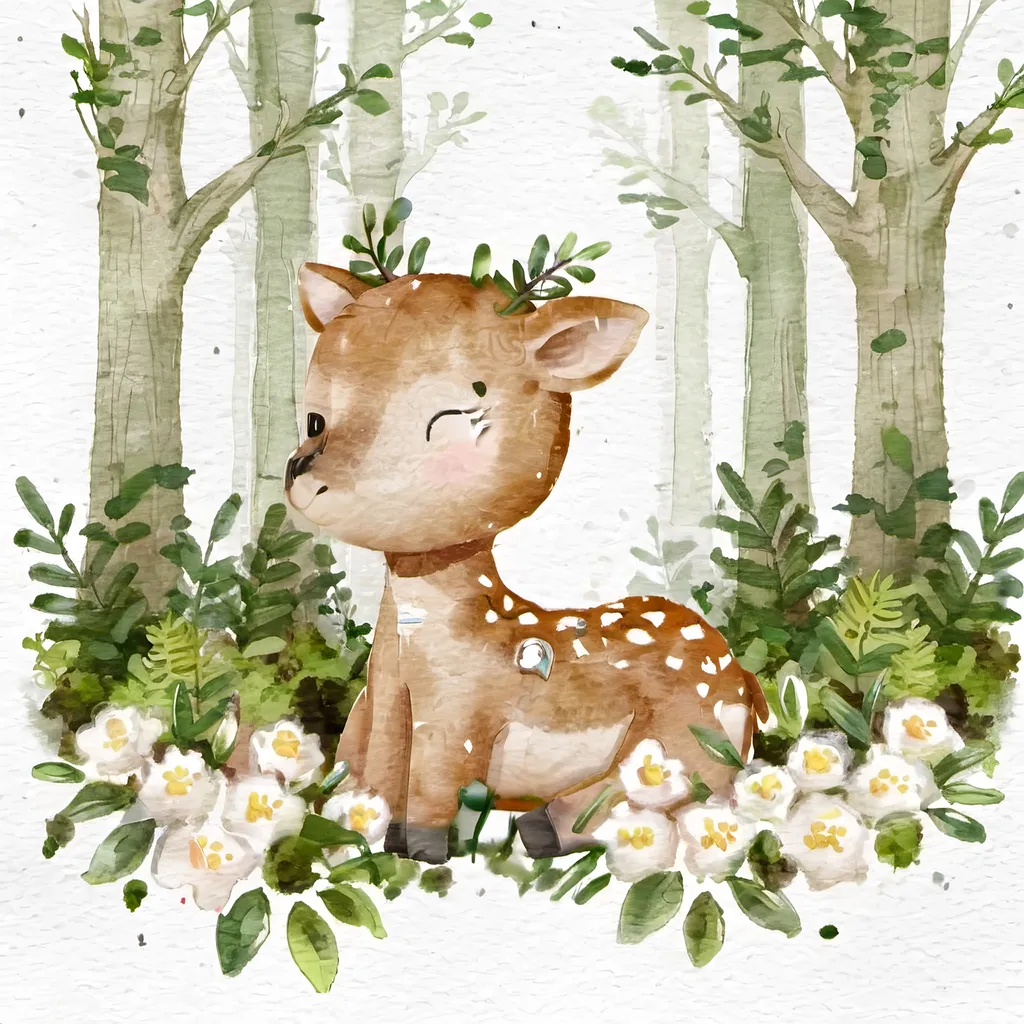 Prompt: cute deer baby cartoon, flower crown in head, siting in mossy forest