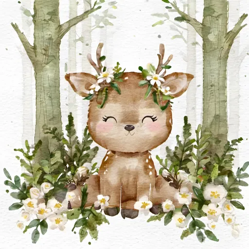 Prompt: cute deer baby cartoon, flower crown in head, siting in mossy forest