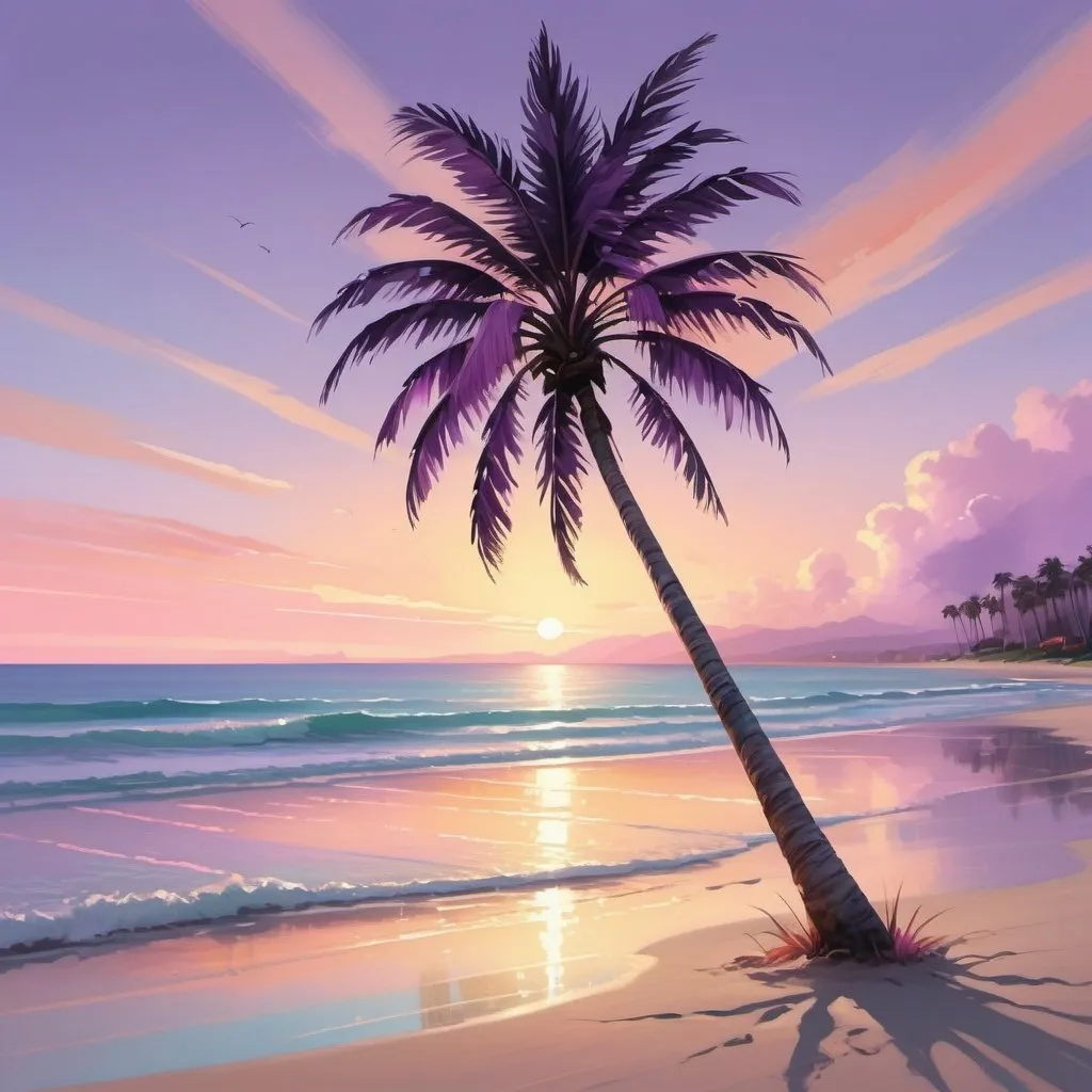 Prompt: Generate a high-resolution, digital painting of a serene beach scene at sunset. The focus should be on a single, majestic palm tree in the foreground, its leaves gently swaying in a calm breeze. The background should feature a soft, pastel-colored sky with streaks of orange, pink, and purple. Include subtle reflections of the palm tree on the wet sand below, enhancing the tranquility of the scene. Aim for a realistic yet slightly stylized artistic style to captivate the viewer’s attention and evoke a sense of peacefulness.