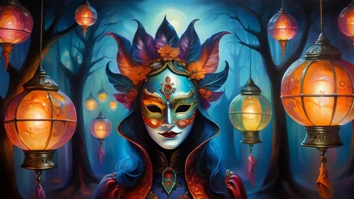 Prompt: Mystical carnival with spectral lights and eerie lights, haunting atmosphere, vibrant and surreal, high quality, oil painting, detailed carnival masks, mysterious figures, glowing lanterns, magical aura, enchanting color palette, spooky and dramatic lighting