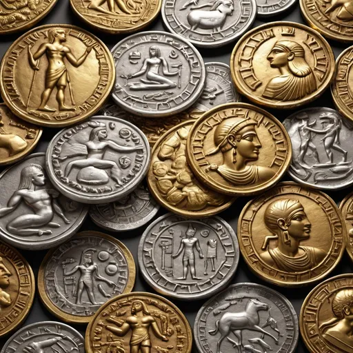 Prompt: Ancient Coins:Description: An image showcasing a variety of ancient gold and silver coins from civilizations like the Romans, Greeks, and Egyptians. The coins should be detailed, showing different engravings and symbols.