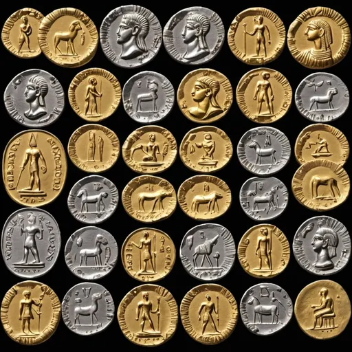 Prompt: Ancient Coins:Description: An image showcasing a variety of ancient gold and silver coins from civilizations like the Romans, Greeks, and Egyptians. The coins should be detailed, showing different engravings and symbols.