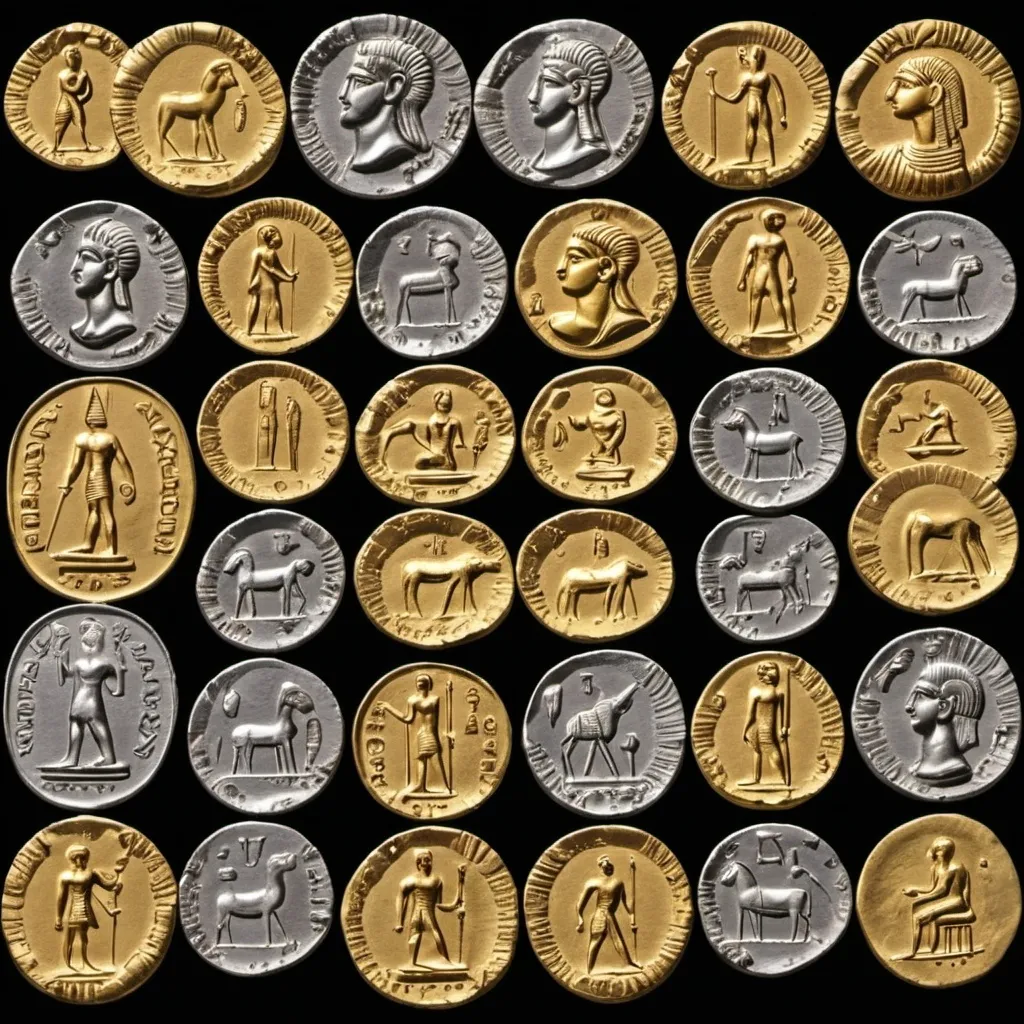 Prompt: Ancient Coins:Description: An image showcasing a variety of ancient gold and silver coins from civilizations like the Romans, Greeks, and Egyptians. The coins should be detailed, showing different engravings and symbols.