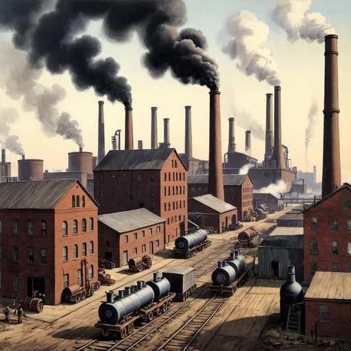 Prompt: Industrial Revolution:Description: A scene from the Industrial Revolution era, featuring factories with smokestacks and machinery in the background. Workers and industrialists could be included to show the economic activity of the time.