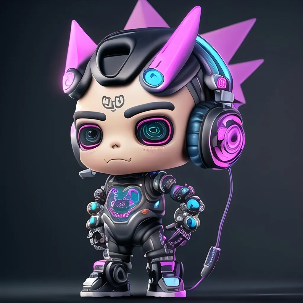 Prompt: boy, standing, head to toe, cute pretty anthropomorphic cybernetic biomechanical, art style, caricature, big head, headphones, expressive eyes, cyberpunk, graffiti, tattoo