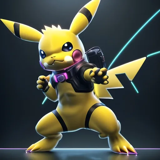 Prompt: Pikachu, full body, in cyberpunk style, vibrant color splash background, electric sparks, detailed fur with cool reflections, intense and focused gaze, high-tech collar, futuristic cityscape, best quality, highres, ultra-detailed, cyberpunk, vibrant colors, electric, detailed eyes, professional, atmospheric lighting, caricature,