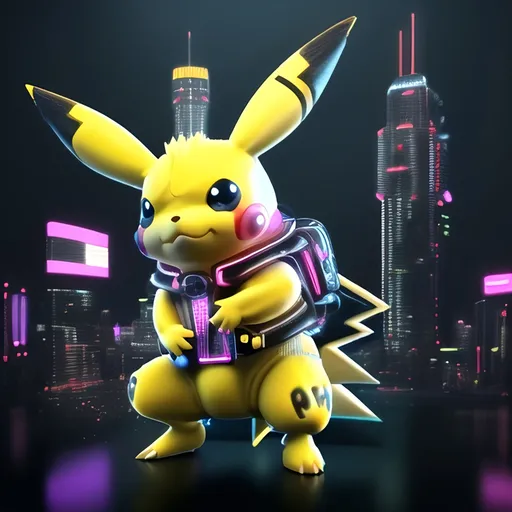 Prompt: Pikachu, full body, in cyberpunk style, vibrant color splash background, electric sparks, detailed fur with cool reflections, intense and focused gaze, high-tech collar, futuristic cityscape, best quality, highres, ultra-detailed, cyberpunk, vibrant colors, electric, detailed eyes, professional, atmospheric lighting, caricature,