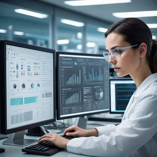 Prompt: A woman using a computer in a laboratory of diagnostics, evaluating a inventory dashboard