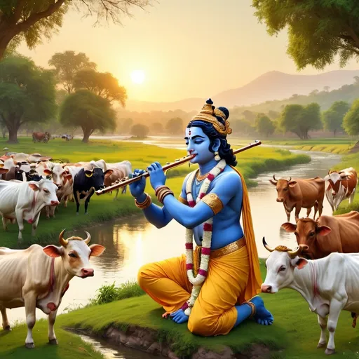 Prompt: Lord Krishna playing flute, (blissful) atmosphere in Vrindavan, (serene) landscape with lush greenery, gentle hills, and shimmering river, cows gathered around, attentive and tranquil expressions, vibrant floral surroundings, warm golden sunlight illuminating the scene, high detail, tranquil ambiance, idyllic rural setting, (4K) resolution, a harmonious embodiment of peace and reverence.