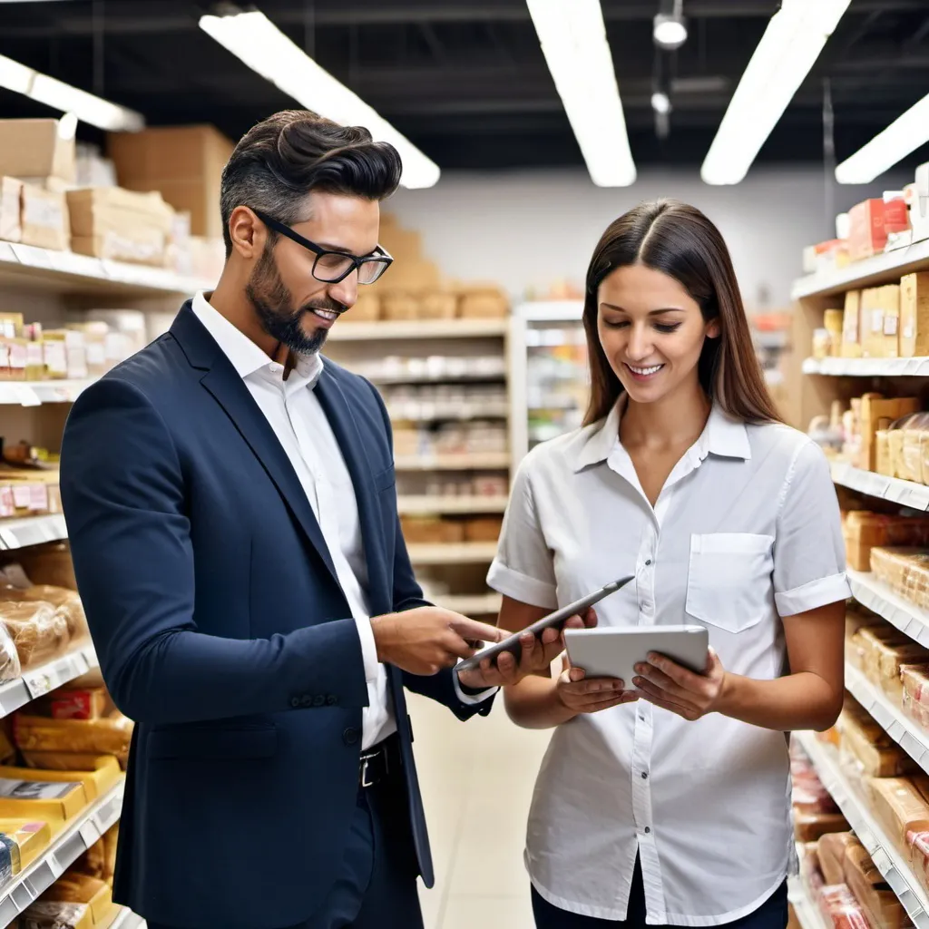 Prompt: Sales Representative standing in food store, holding a tablet, disscusing with shop owner